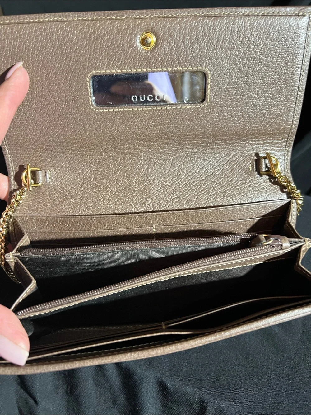 Gucci Beige GG Supreme Crossbody with Green and Red Web and Gold Chain